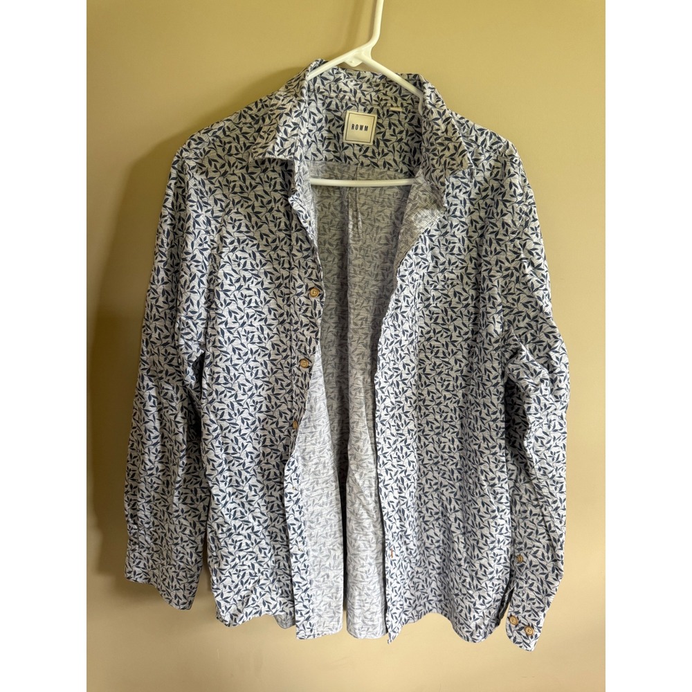 ROWM Mens Long Sleeve Button Down Shirt Leaf Print Casual Top